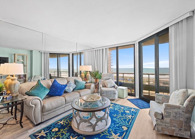 North Myrtle Beach Oceanfront Rental: Luxurious Living Room with Panoramic Sea Views